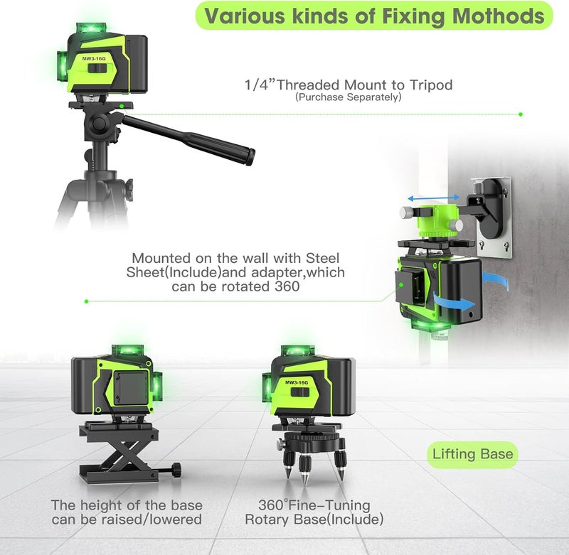 MBYULO 16 Line Laser Level 360 Self Leveling, 4x360°Professional 4D Green Cross Line laser Level with 2 Batteries, Adjustable Brightness & Remote Control, for Tiling Floor Construction and Picture Hanging - Image 4